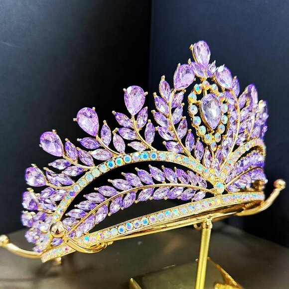 Purple Crystal Crown, Quinceanera Crown, Gold Wedding Tiara, Princess Tiara main image 8